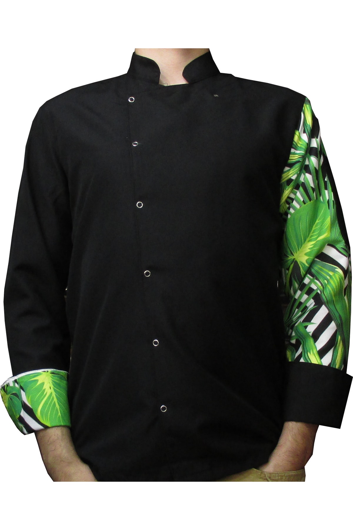 Ant Rotagrup Üniforma ve İş Elbiseleri Aşçı Ceketi Desenli Unisex Çıtçıtlı Siyah Uzun Kollu Chef Aşçı Mutfak Ceket Yeşil Yaprak