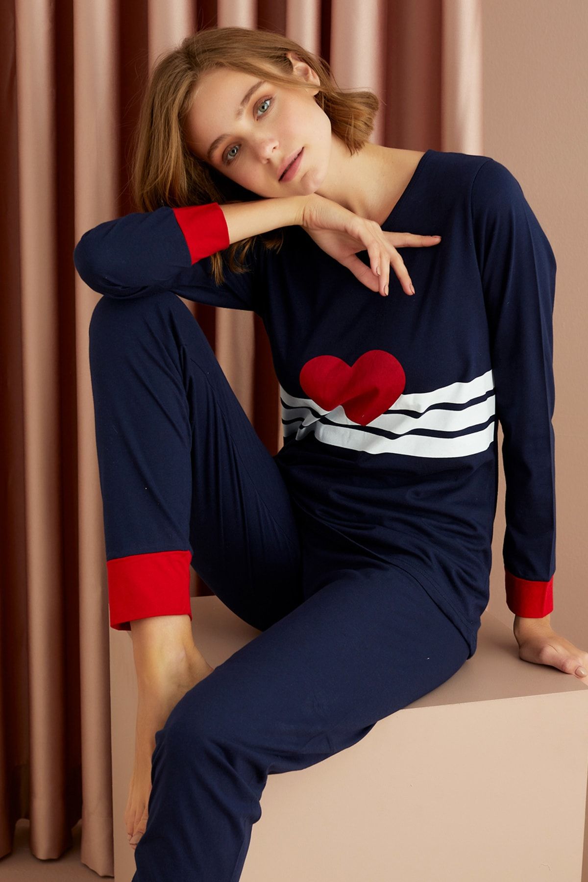 Siyah İnci Lacivert Pamuklu Likralı Pijama Takım