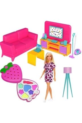 Barbie Bebek + Oyuncak Aksesuarlı Oturma Odası + Çilek Makyaj Seti Kız Barbinin Oturma Odası
