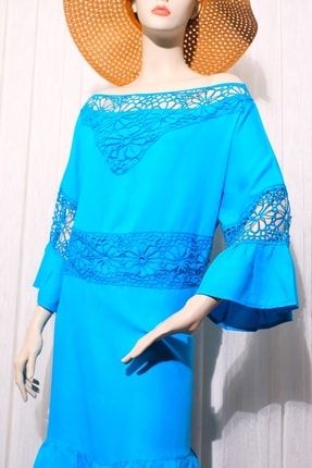 Kadın Mavi Renk Dantel Çiçek Detaylı Boydan Rahat Elbise KADINMAVİBOYDANELBİSE