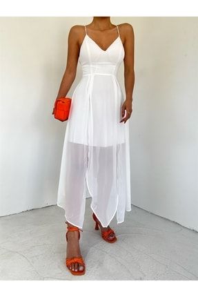 Zenta Asimetrik Şifon Elbise - Beyaz 3789-BYZ