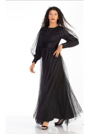 Omuzları Çiçekli Tül Elbise - Tesettür Model - Siyah TYC00528037063