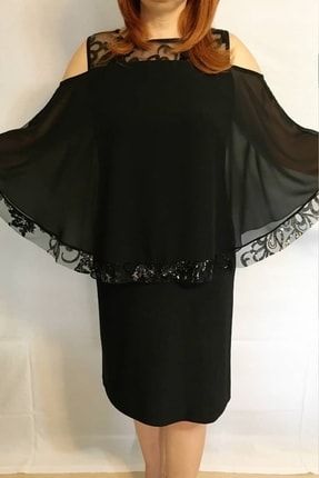 Kadın Büyük Beden Siyah Ön-sırt Ve Kol Detaylı Payetli Elbise Esp3104 ESP3104