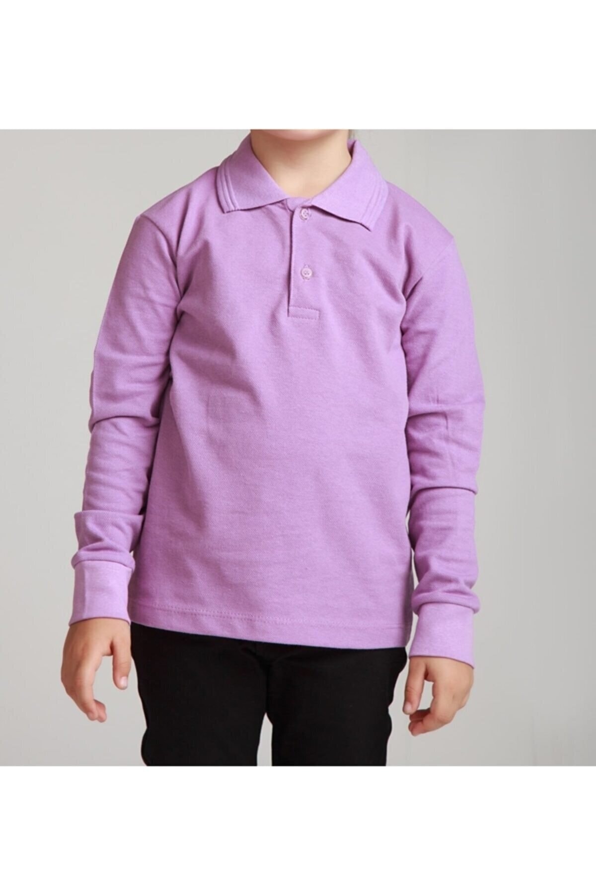 MaviMoure Unısex Çocuk Uzun Kol Normal Kalıp Polo Yaka Düz Renk Okul Penye T-shırt