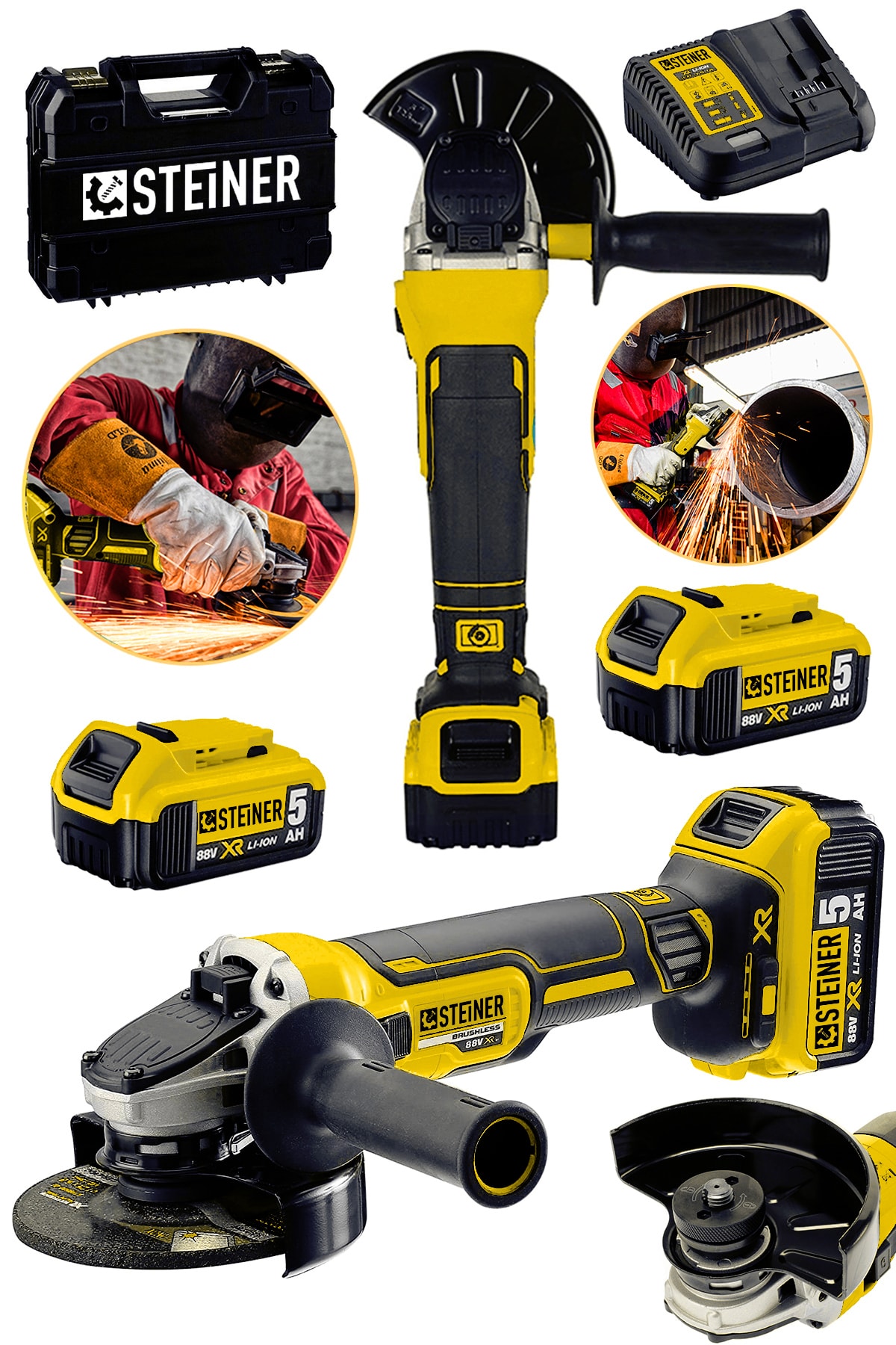 STEİNER Alman 88 V 5ah Devir Ayarlı Çift Akülü Kömürsüz Sprel Taşlama Makinesi Elektronik Şarz Göstergeli