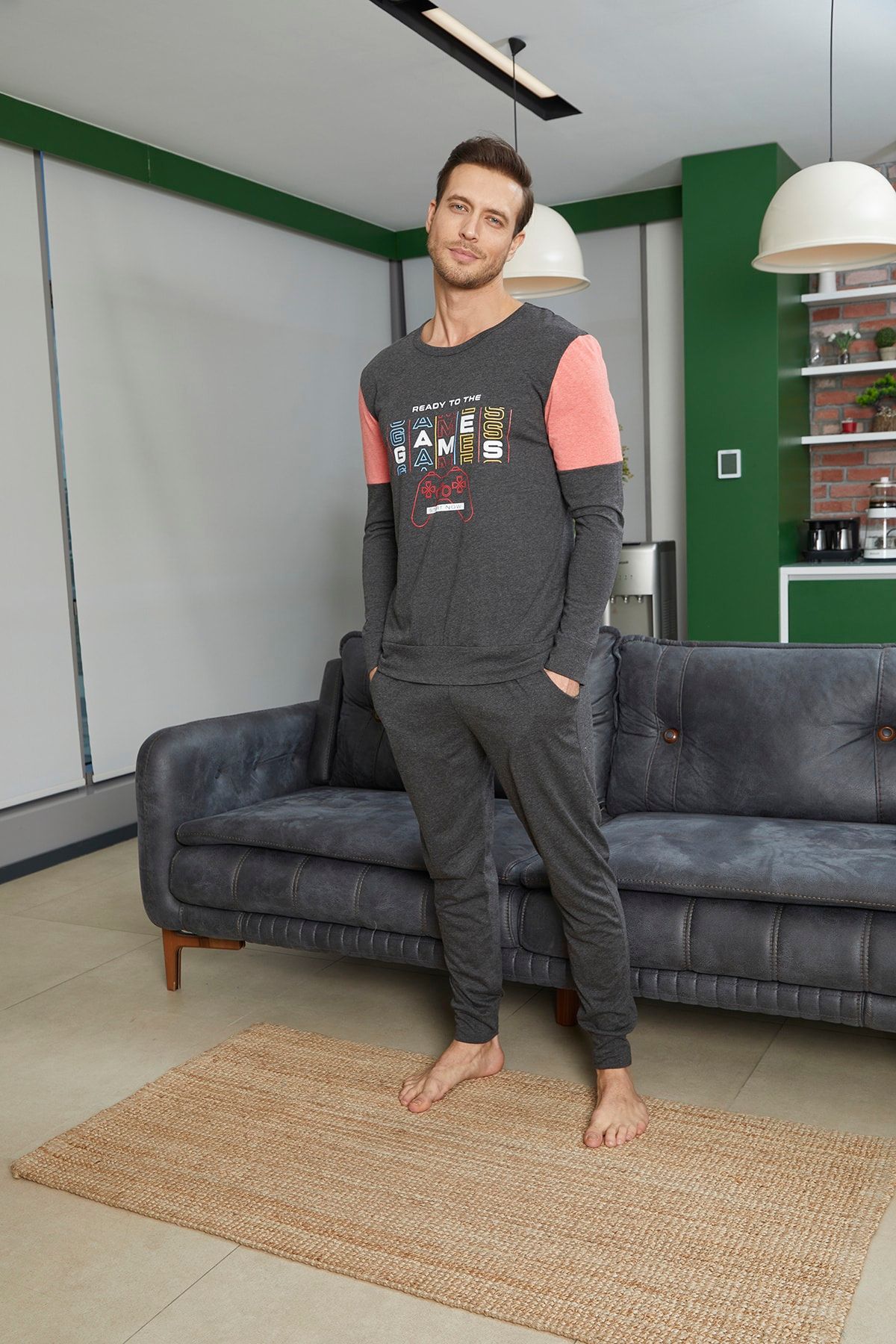 Siyah İnci Antrasit Pamuklu Likralı Pijama Takım