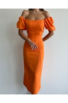Balon Kol Tasarım Elbise Turuncu MST012