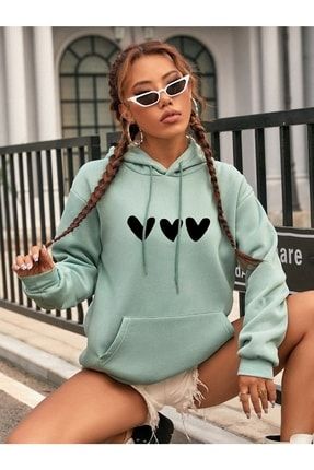 Unisex 3'lü Kalp Dizaynlı Oversize Mint Yeşili Hoodie Kapüşonlu Sweatshirt ufkswt-0092