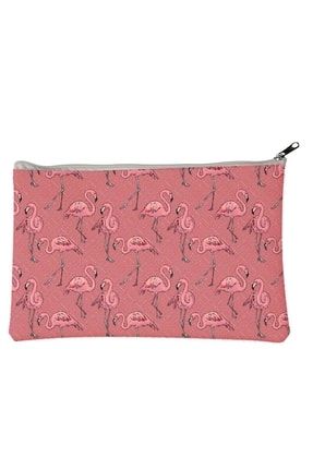 Kadın Pembe Flamingo Desen Fermuarlı Evasız Makyaj Çantası OBJE 21241