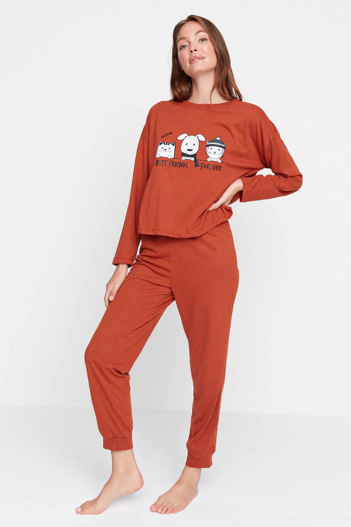 Trendyol Collection Pajama Set Brown Slogan Trendyol