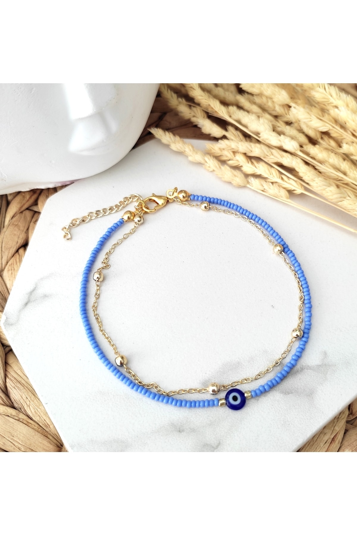 HALHALMILL Kadın Mavi Nazar Boncuklu Top Zincirli Ikili Halhal