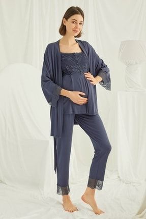 Kadın Lacivert Hamile Lohusa Sabahlıklı Pijama Takım 18211 MONAMİSE-1820711