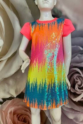 Kız Çocuk Neon Renkli Payetli Pembe Abiye Elbise DD3642E