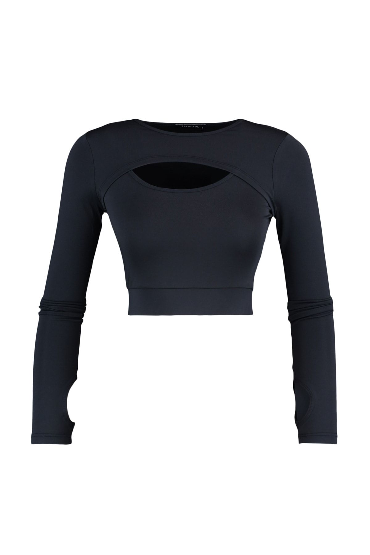  TRENDYOLM?LLA Koyu Antrasit Crop Pencere/Cut Out ve Ba? Parmak Delik Detayl? ?rme Spor Ust/Bluz