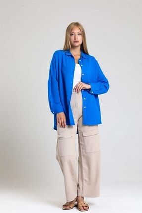 Kadın Oversize Mavi Keten Gömlek Q2022Q8002