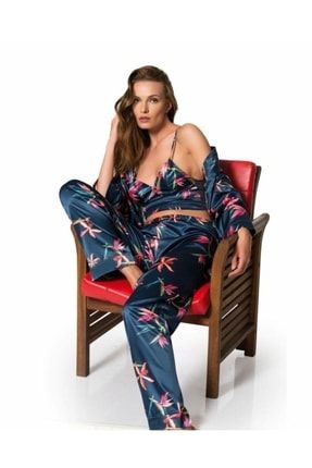 007 Kadın Saten Üçlü Pijama Takımı MON007