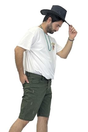 Erkek Slim Fit Dar Cepli Yeşil Şort Kot Kapri 9393-157 K1000