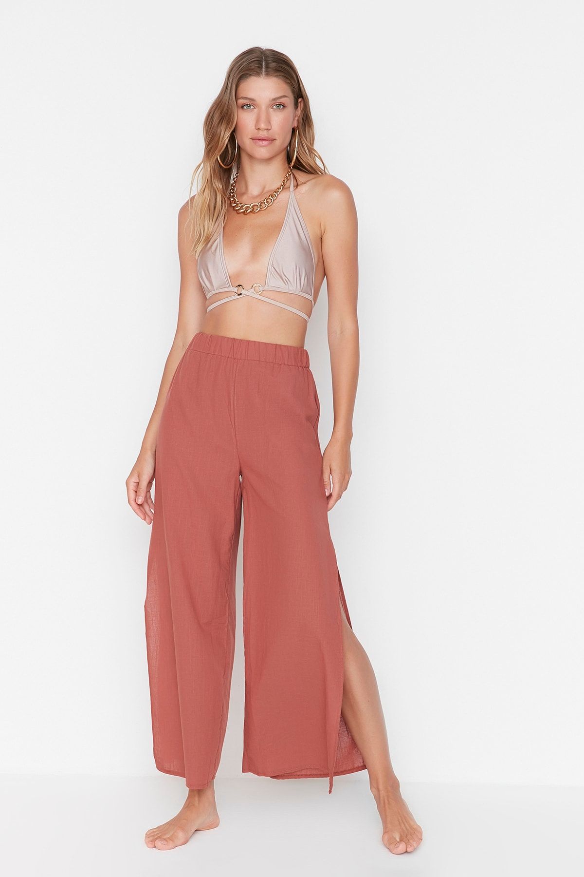 Trendyol Collection Spodnie Plażowe Z Tkaniny Cynamonowej Z Płomienistą Bawełną Kobieta - 42