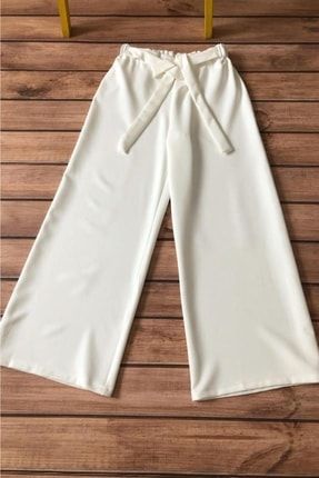 Kadın Belden Lastikli Ve Kuşaklı Krep Bol Pantolon Beyaz w1003
