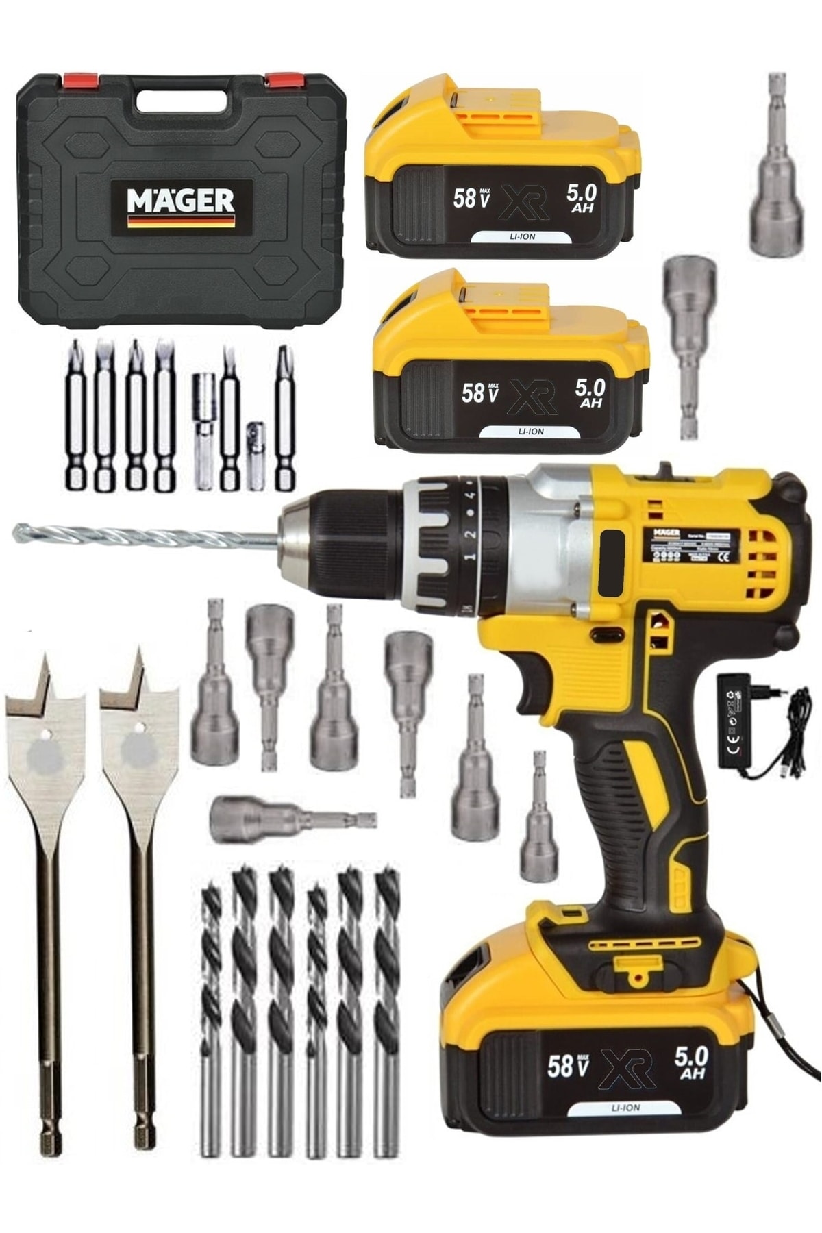 Mager Alman Teknolojisi Dev Akülü 5 Pilli Setli Çantalı Şarjlı Vidalama Matkap