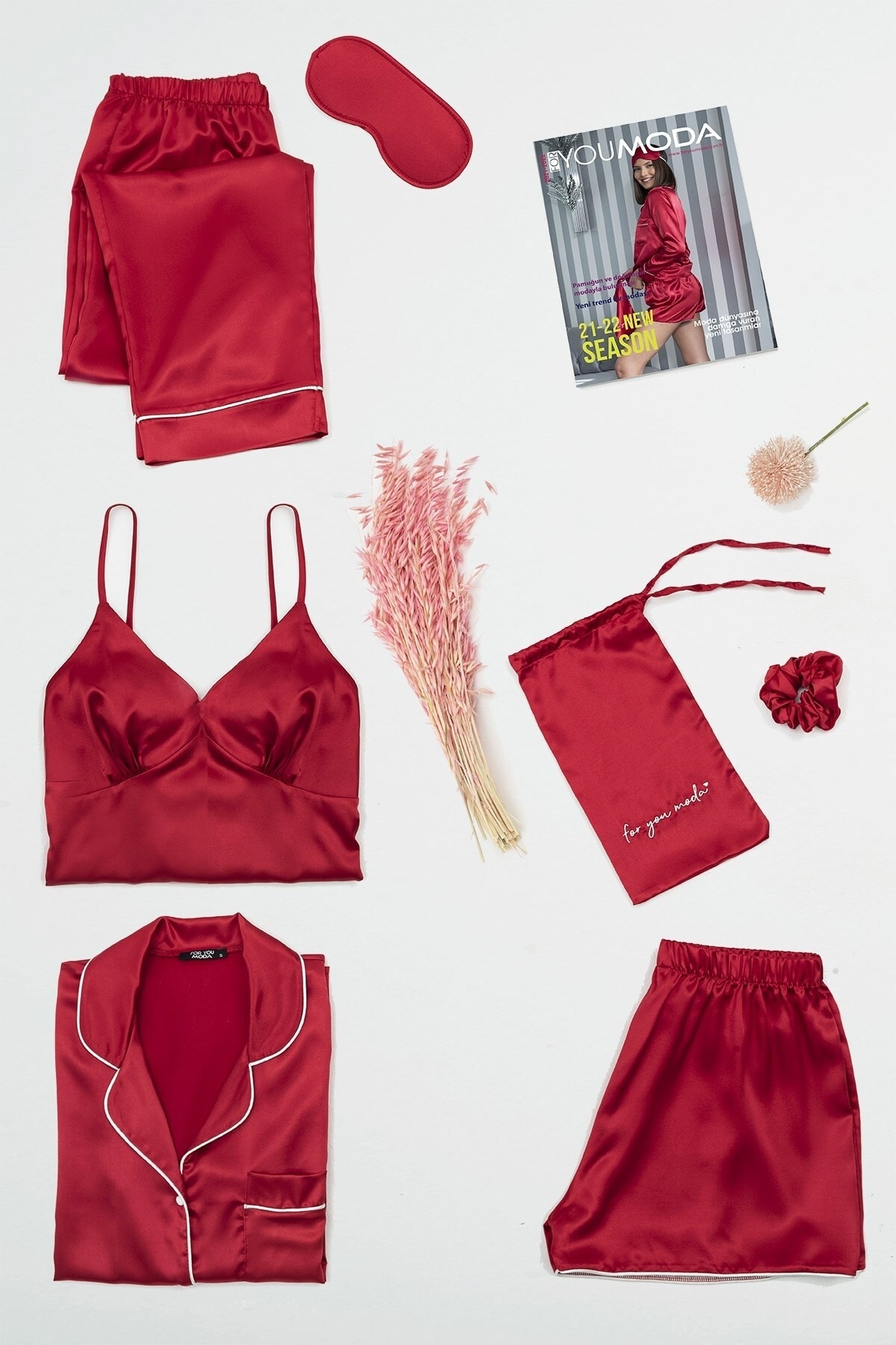 FOR YOU MODA Kadın Saten 7 Li Büstiyerli Kırmızı Pijama Takımı