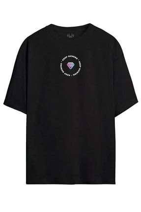 Siyah Keep Shining Baskılı Unisex Oversize Kadın T-shirt Erkek Tişört Unisex T-shirt kulelistoremodel-4