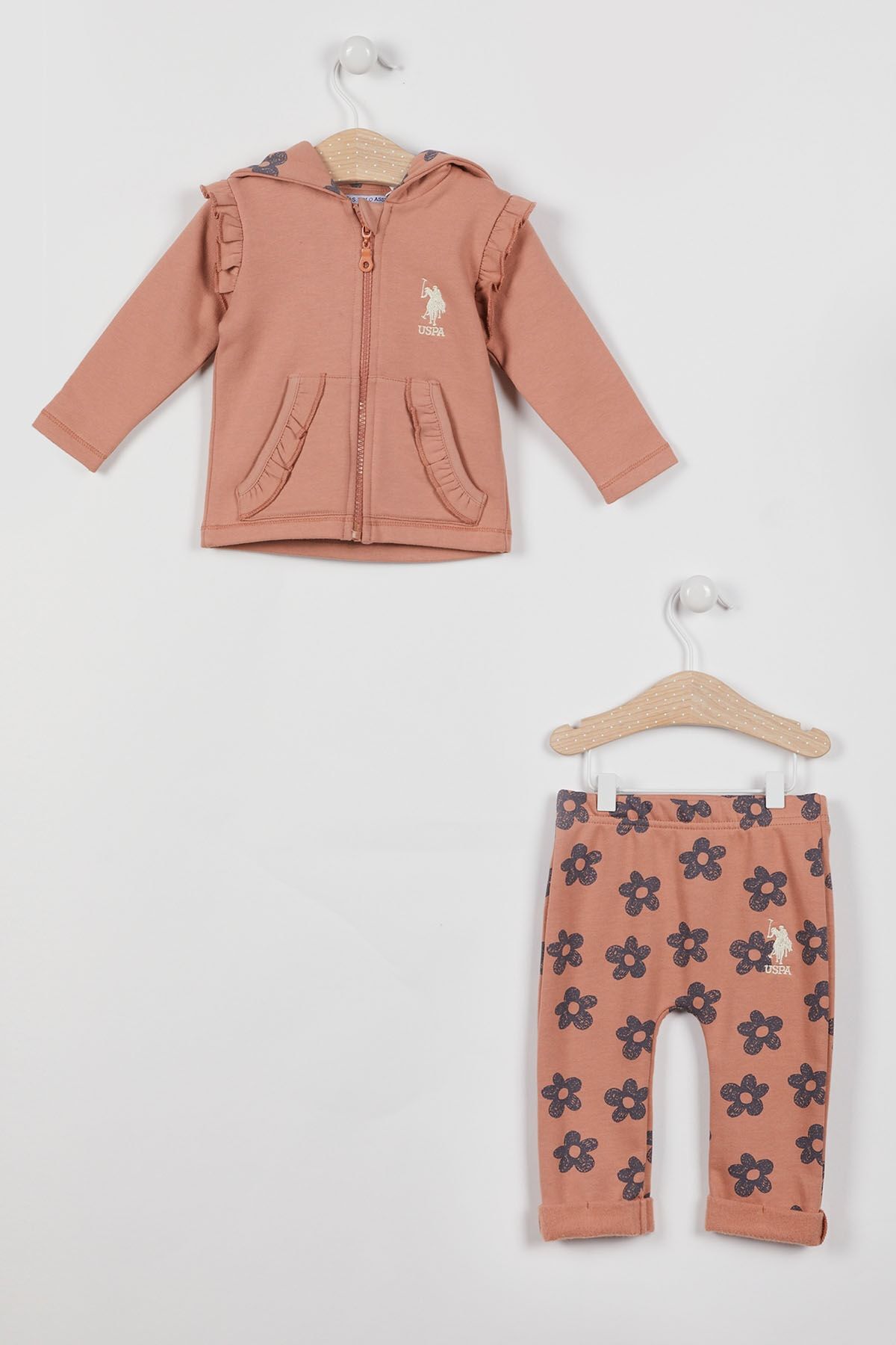 U.S. Polo Assn. پایه. ست ژاکت کش باف پشمی آستین بلند دخترانه آجری زیپ دار Polo Assn