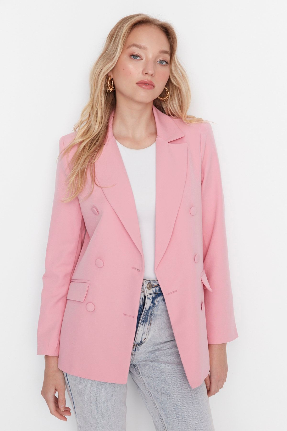 Trendyol Collection-Rosafarbene, regulär gefütterte, gewebte Blazerjacke TWOSS21CE0137 3