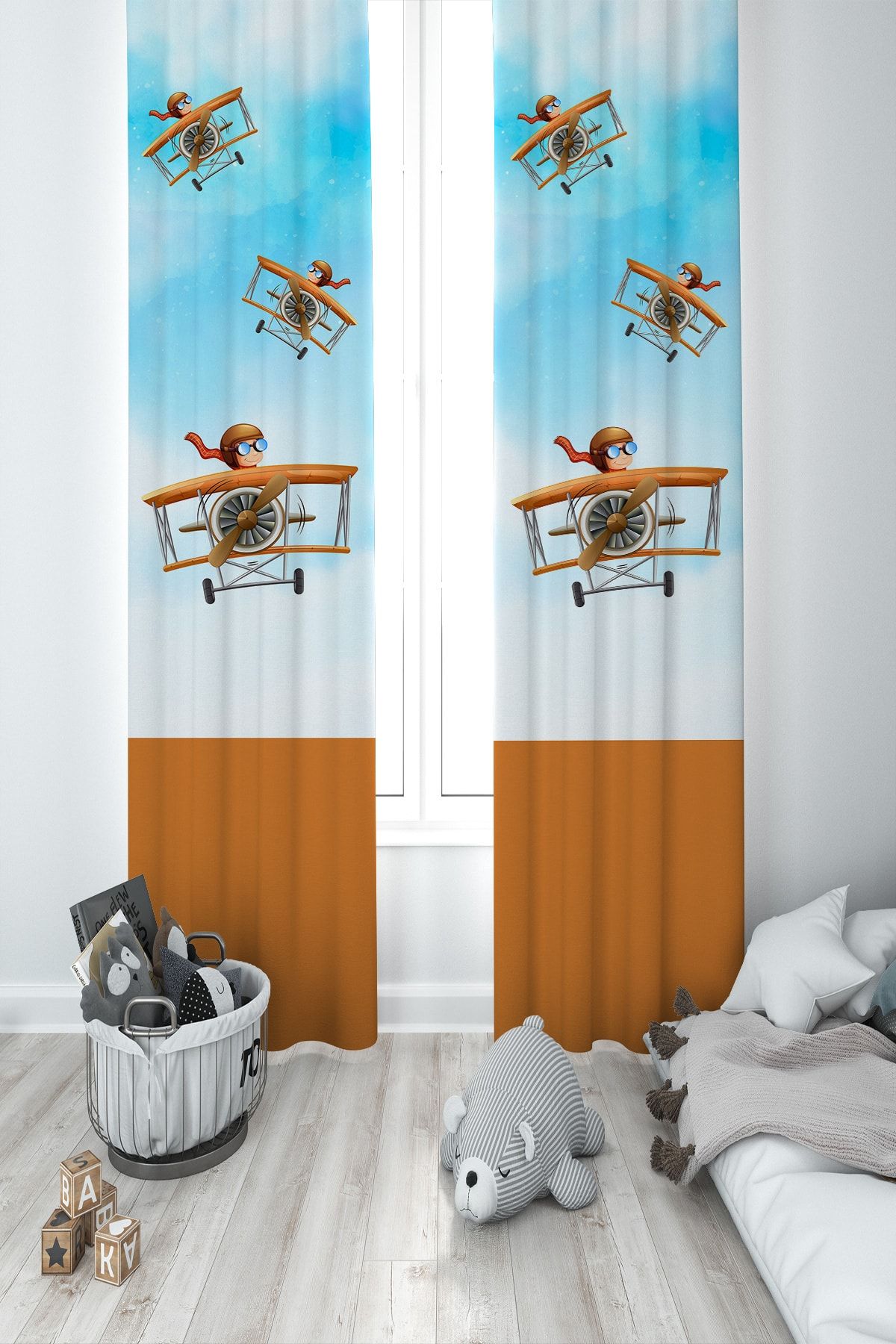 BAMBAŞKA MODA Cameră Pentru Bebeluși Și Copii Cute Pilot Two Wings Fundal Cortina Bmfp-348 - 70 x 250