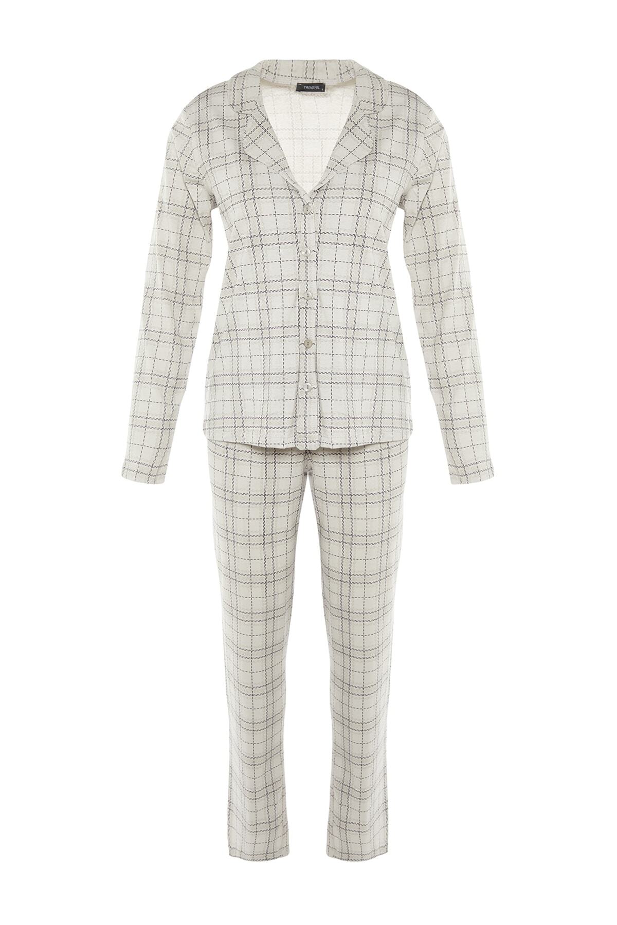 Trendyolmilla  Gri %100 Pamuklu Ekoseli Örme Pijama Takımı THMAW20PT0266 - Görsel 6