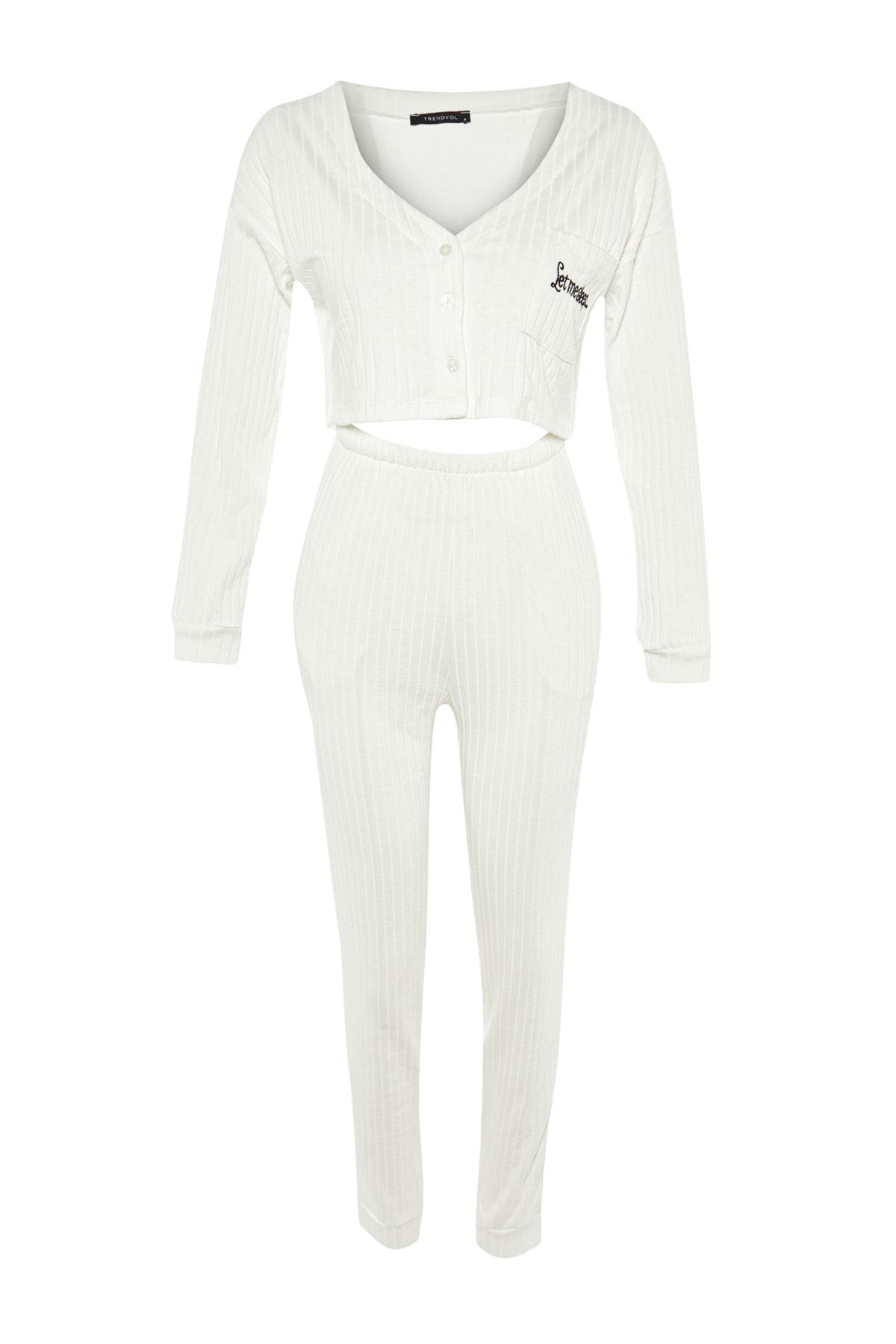 Trendyol Collection-Ecrufarbenes, besticktes Strick-Pyjama-Set aus schnurgebundener Baumwolle THMAW22PT0511 6