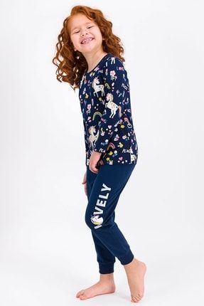 Lacivert Lovely Peace Unicorn Kız Çocuk Pijama Takımı RP1926-C