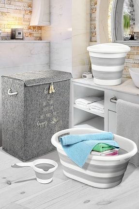 4'lü Lüx Banyo Seti - Keçe Kirli Çamaşır Sepeti - Katlanabilir Çamaşır Sepeti-su Kovası-koçero MCH-198