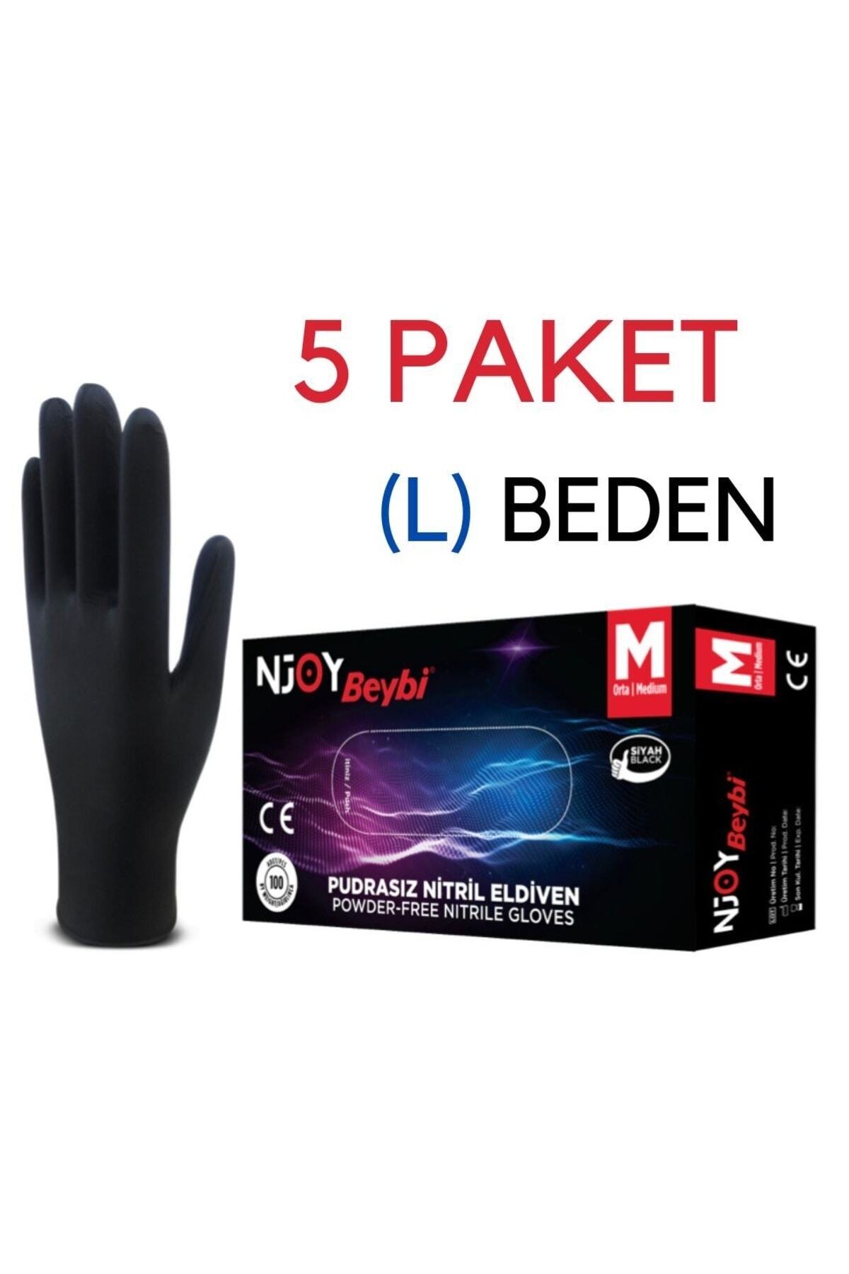 Beybi Njoy Pudrasız Siyah Nitril Eldiveni (L) Beden 5x100 Adet