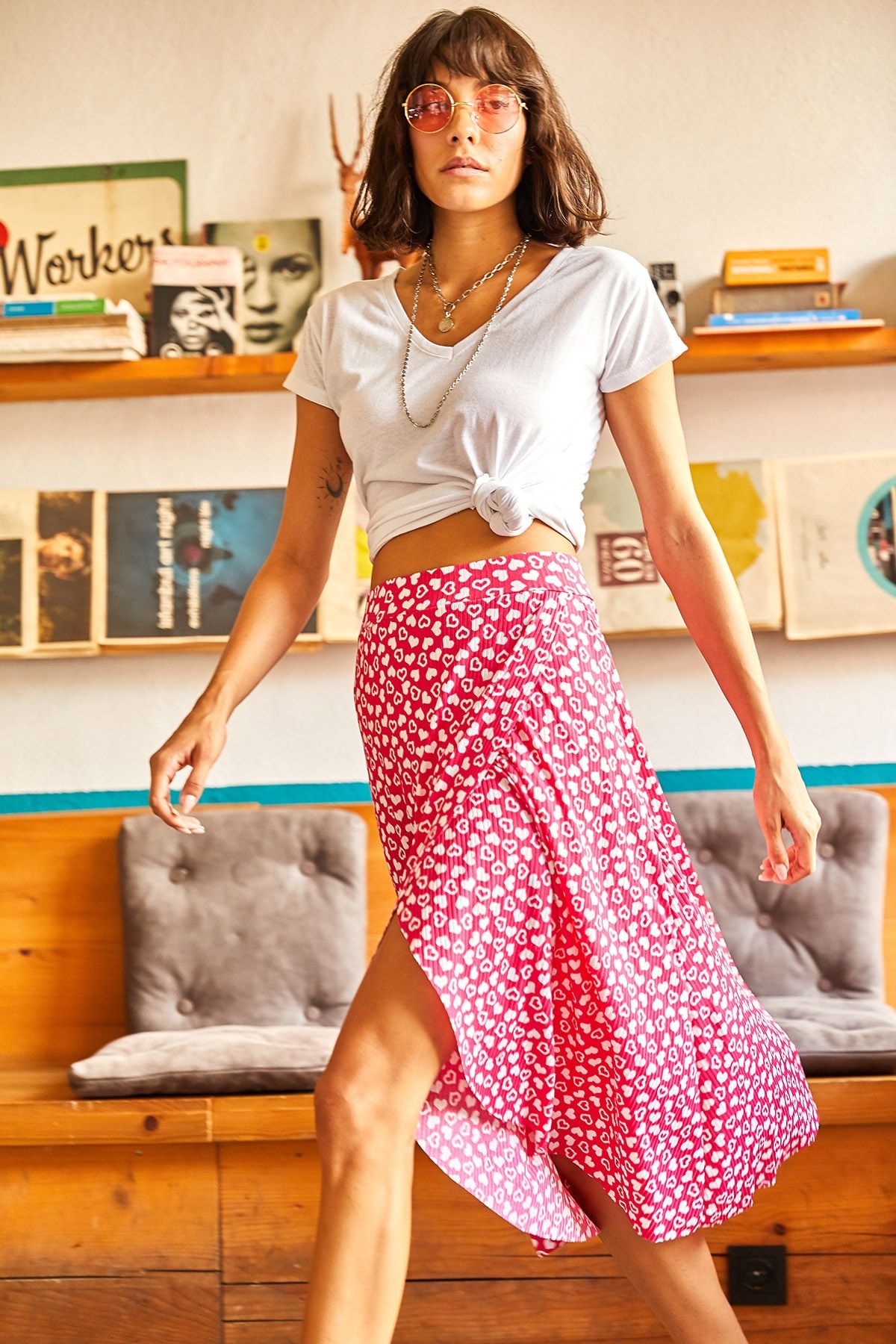 Pink midi skirt best sale 60