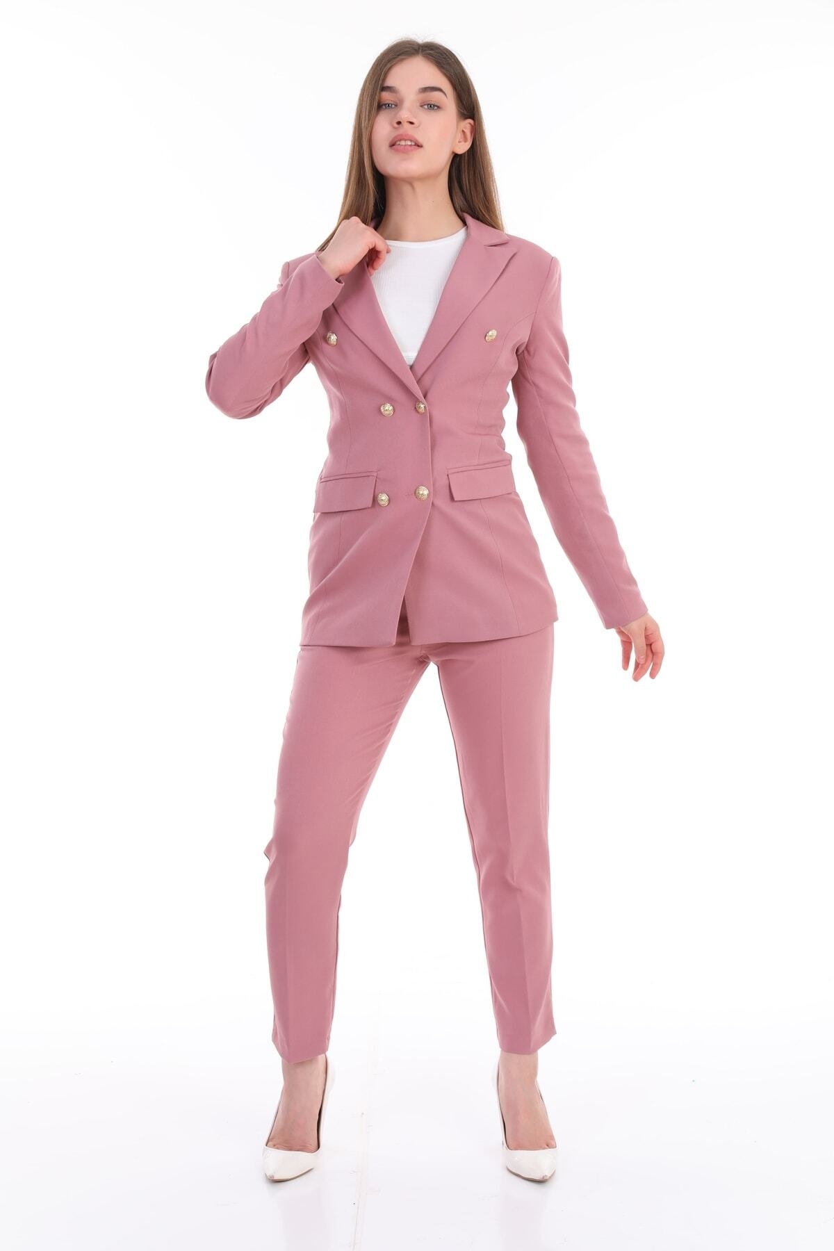 Generic Brands Buttoned Fake Pocket Blazer Jacket Pipe Leg Belt Pocket Stretchy Pants Suit