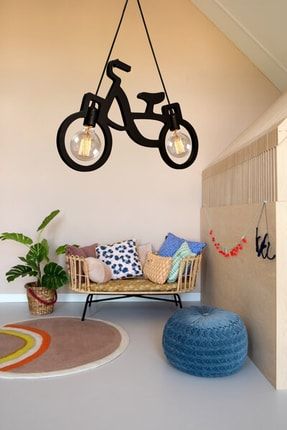 Ahşap Wooden Siyah Bisiklet Sarkıt Avize Ahşap Lüks Rustik Modern Dekoratif Lamba Çocuk Odası Avize AHŞPAVZ1