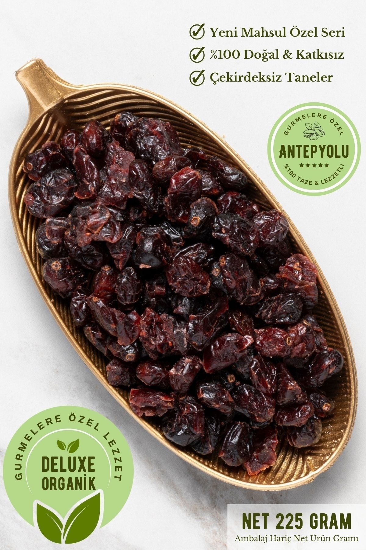 Antepyolu Deluxe Gurme Serisi Organik Taze Çekirdeksiz Yaban Mersini Kurusu Kuru Turna Yemişi Cranberry 225gr
