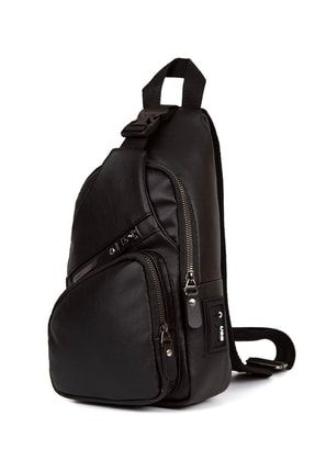 Unisex Siyah Yıkama Deri Usb Kulaklık Çıkışlı Göğüs Ve Omuz Çantası Çapraz Askılı Body Bag ADL-5503