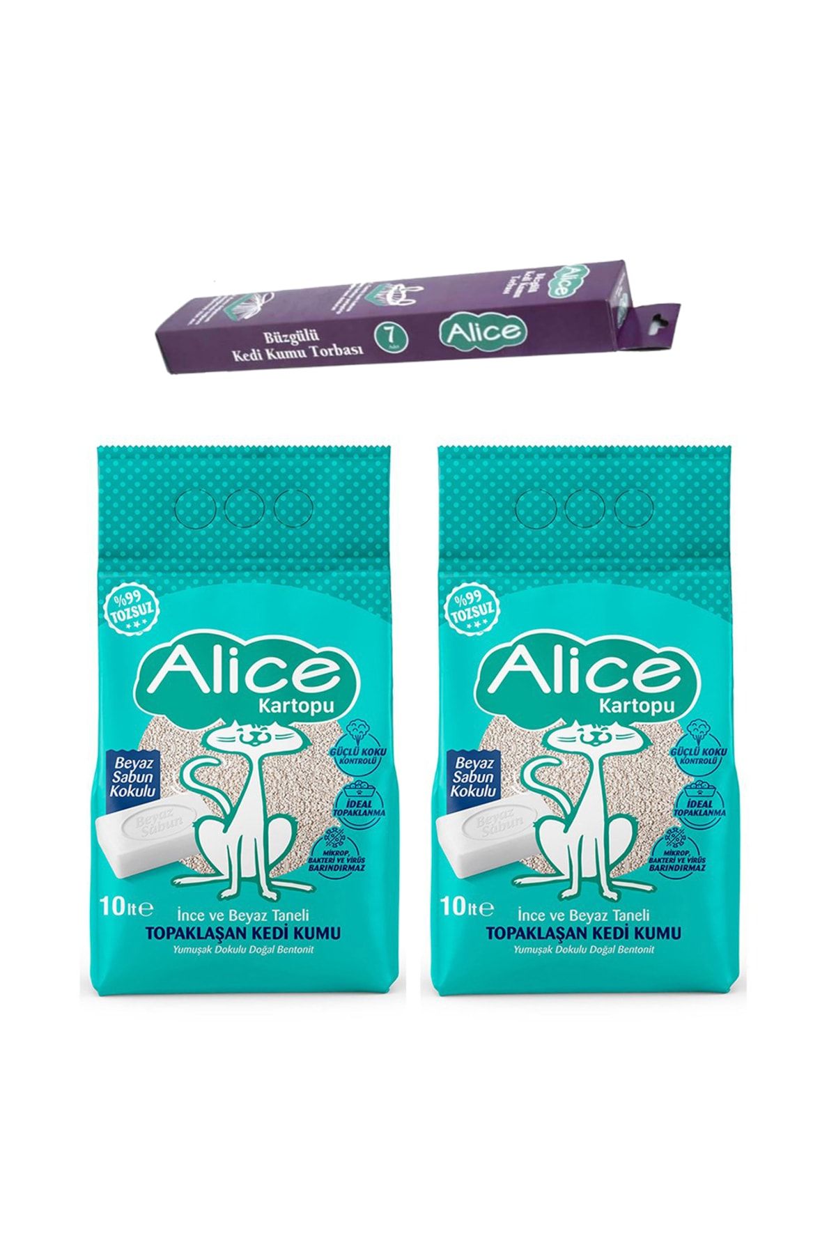 Alice Kartopu Beyaz Sabun Ve Ince Taneli Kedi Kumu 2x10 Lt. + Büzgülü Kum Kabı Poşeti 7'li