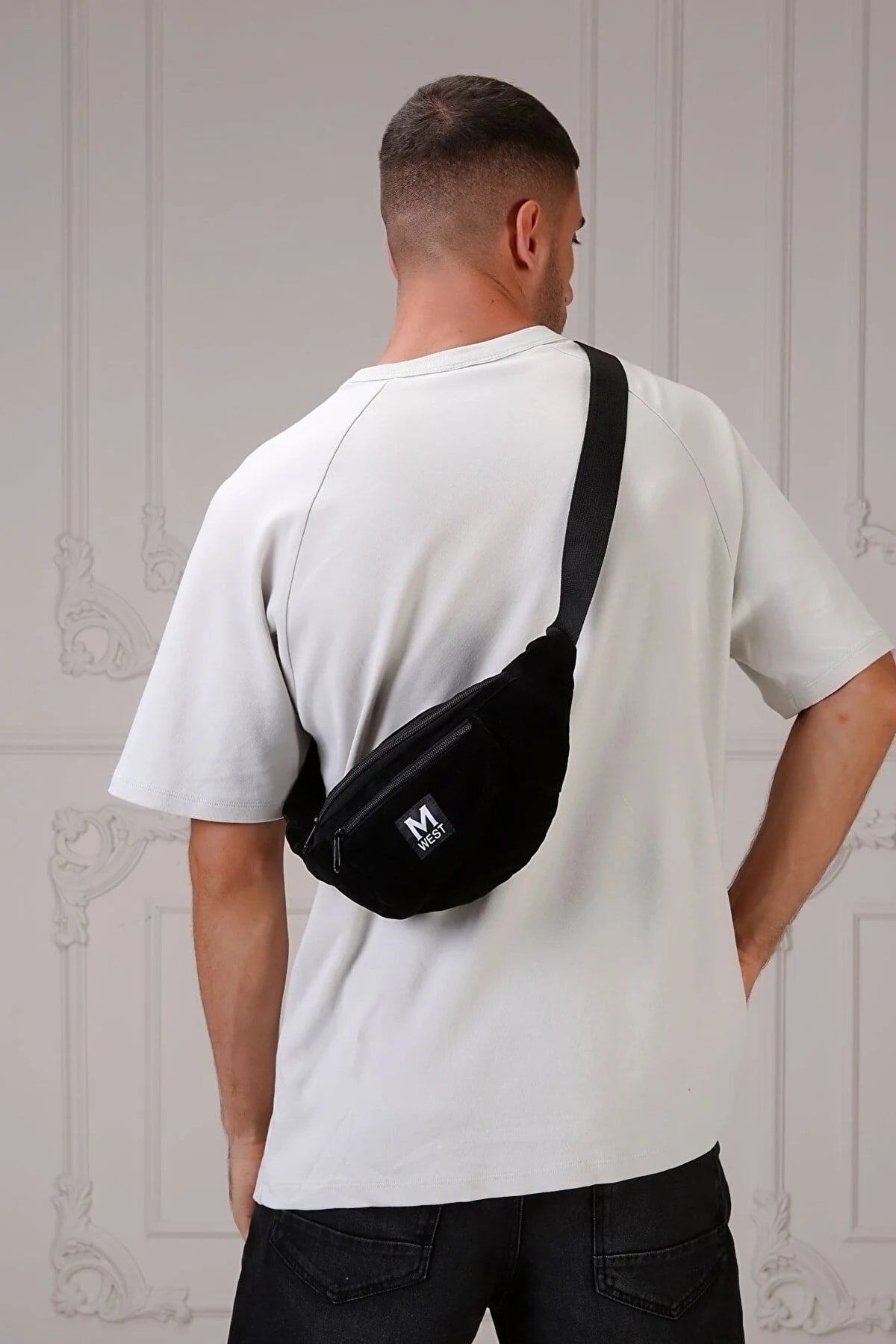D'VERS Unisex Siyah Süet 3 Bölmeli Çapraz Omuz Ve Bel Çantası görsel 4