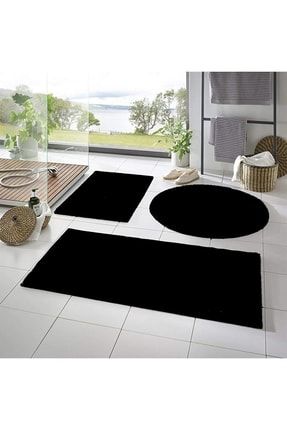 Senora 3'lü Banyo Halısı Peluş Post Halı Klozet Takımı Siyah 100x60 40x60 60x60(yuvarlak) banyohalı3lu