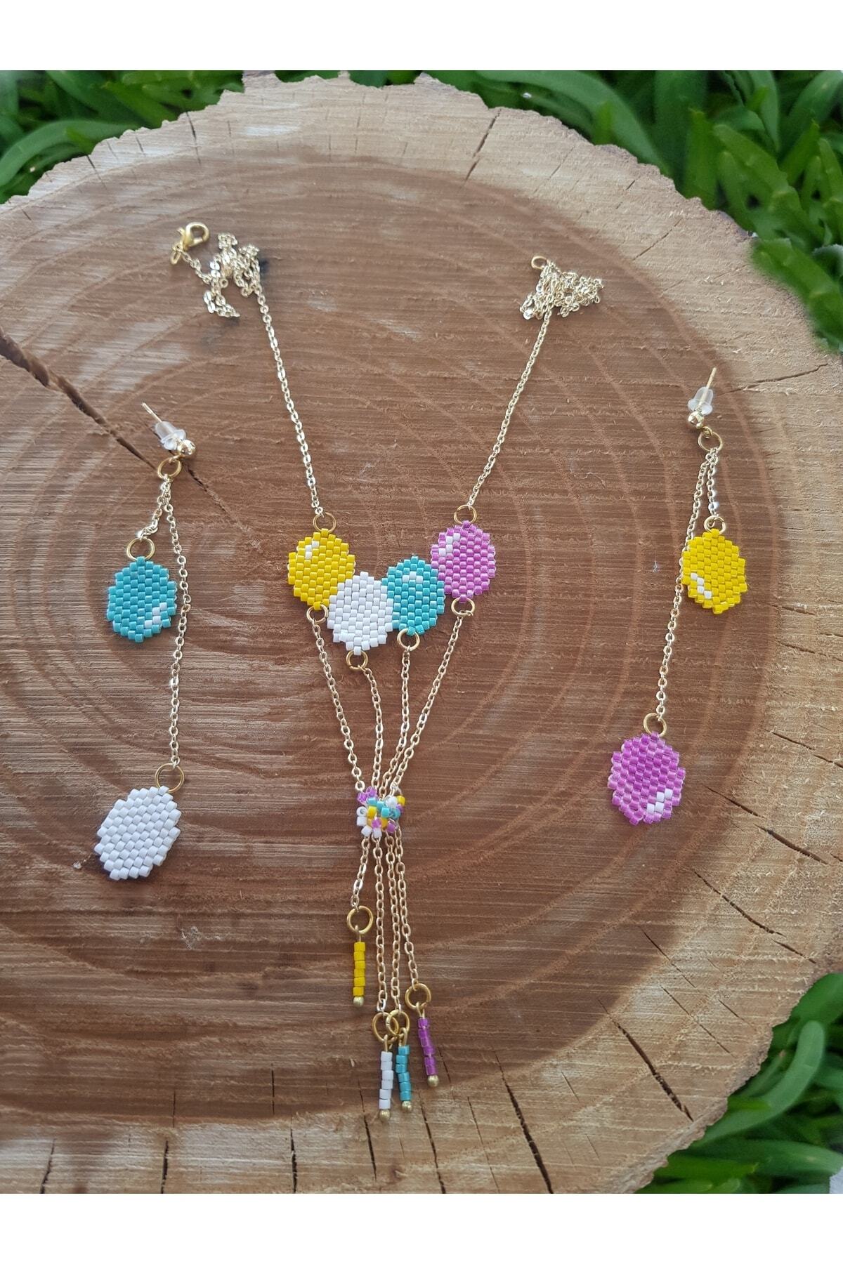 Miyuki Boncuk El Yapımı Renkli Balon Kolye Ve Küpe Seti