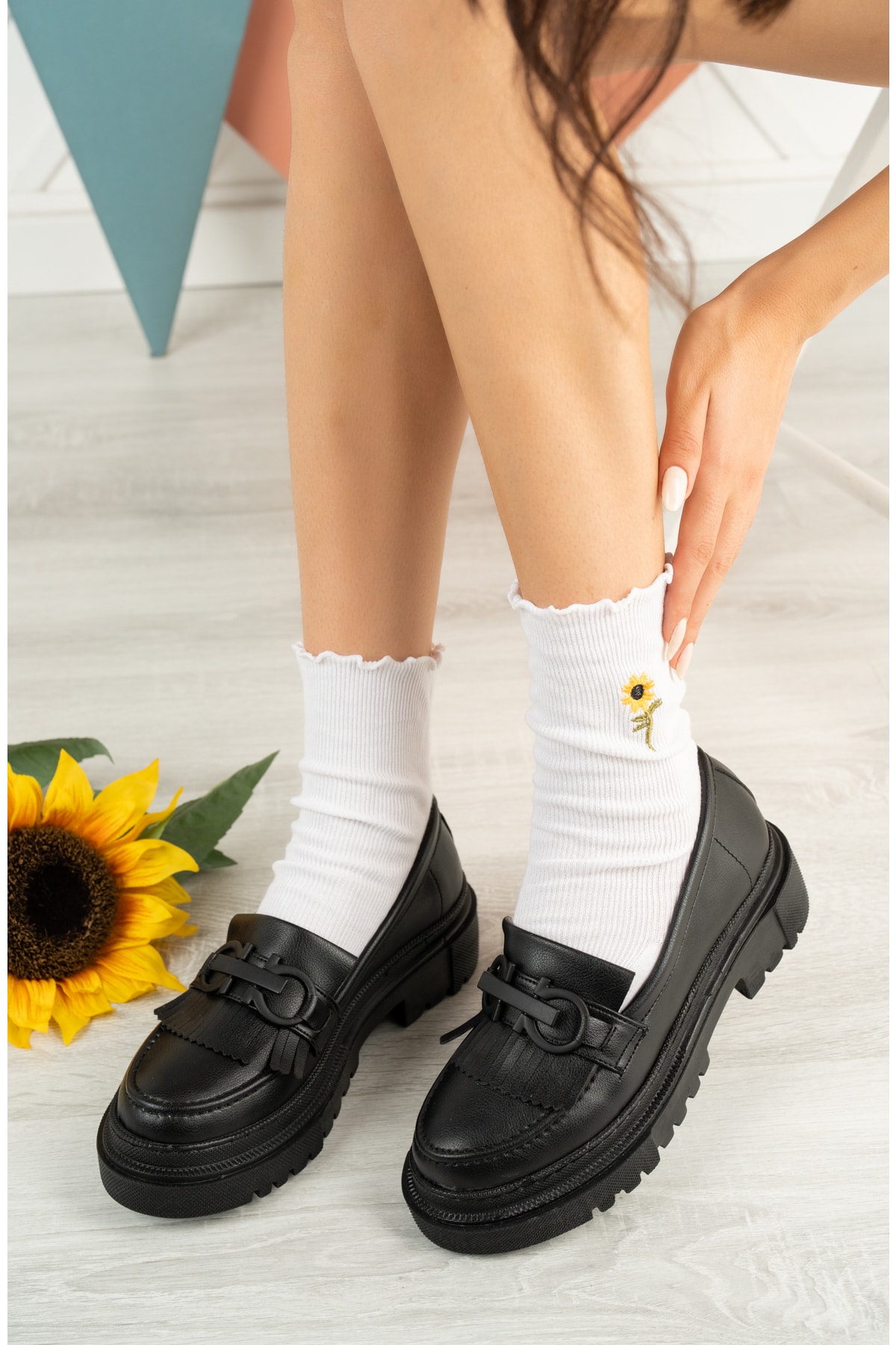 FERZOLAİO Kadın Yuvarlak Burun Maskülen Bağcıksız Kalın Taban Günlük Siyah Ayakkabı Loafer Dört Mevsim Yeni ON11055