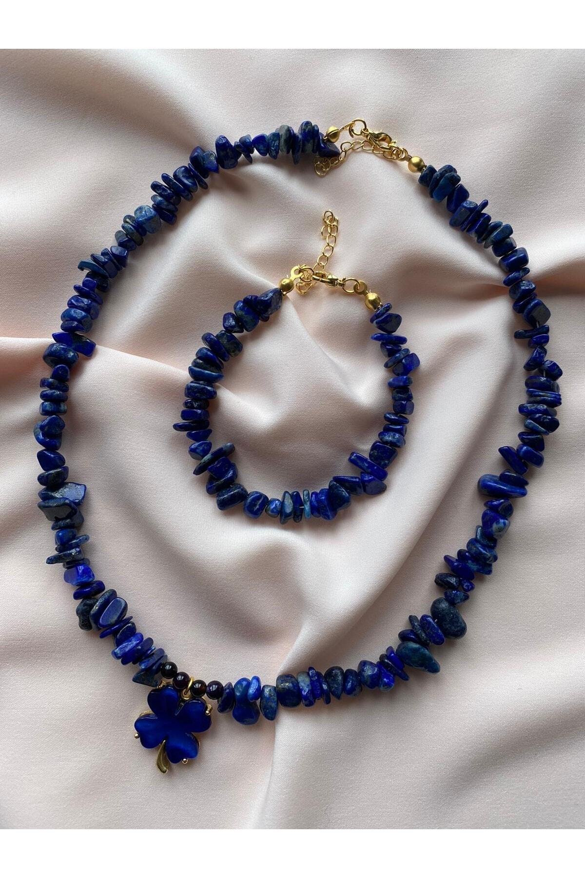 Lapis Lazuli Kırık Taş Kolye Ve Bileklik Set Takım Doğal Taş Şifalı Taş Mineralli Taş Pozitif Taş