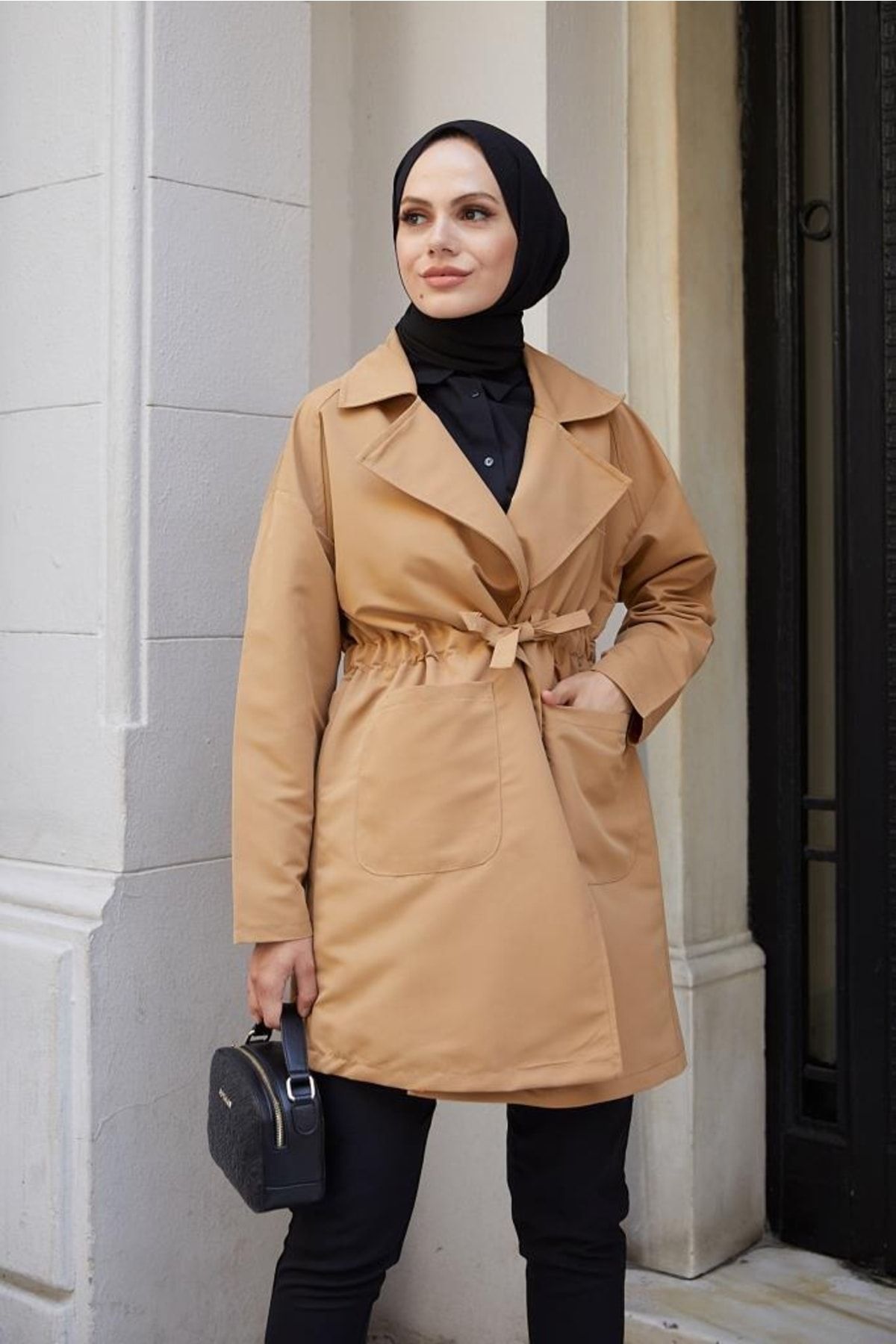 Camel short trench on sale coat