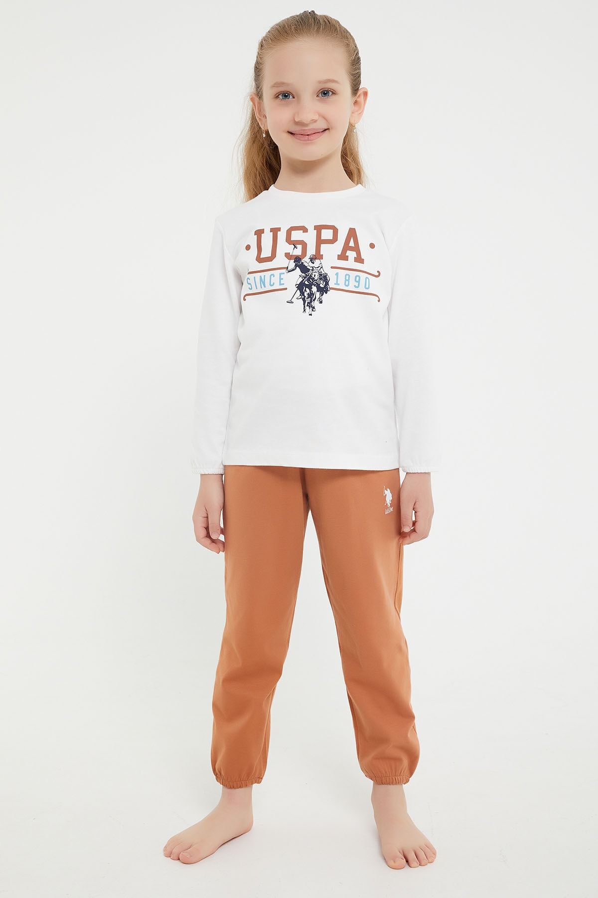ست لباس خواب آستین بلند دخترانه کرم کلاسیک دارای مجوز U.S. Polo Assn.