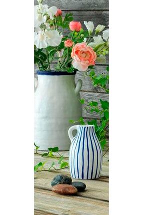 Godtagbar Vazo, Beyaz Mavi Vazo, Çizgili Vazo, Beyaz Seramik Vazo, Çiçek Vazosu DEC061