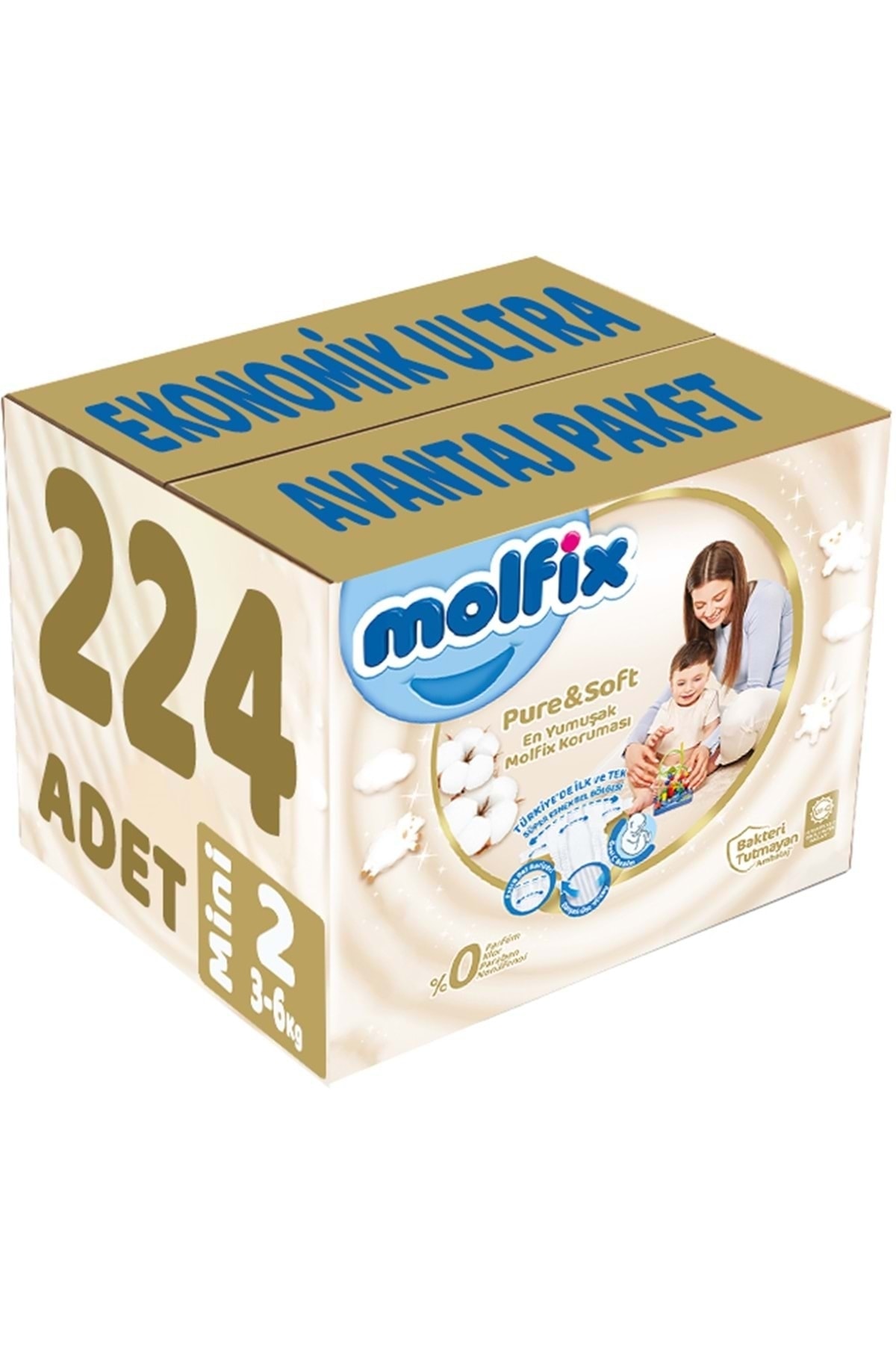 Molfix Pure&soft Bebek Bezi Beden:2 (3-6kg) Mini 224 Adet Ekonomik Ultra Avantaj Pk
