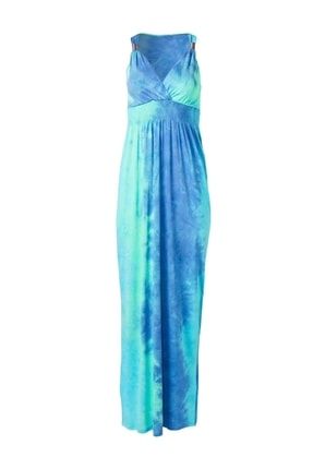 Kadın V Yaka Beli Lastikli Su Yeşili Mavi Batik Desen Viskon Elbise YYHLL5